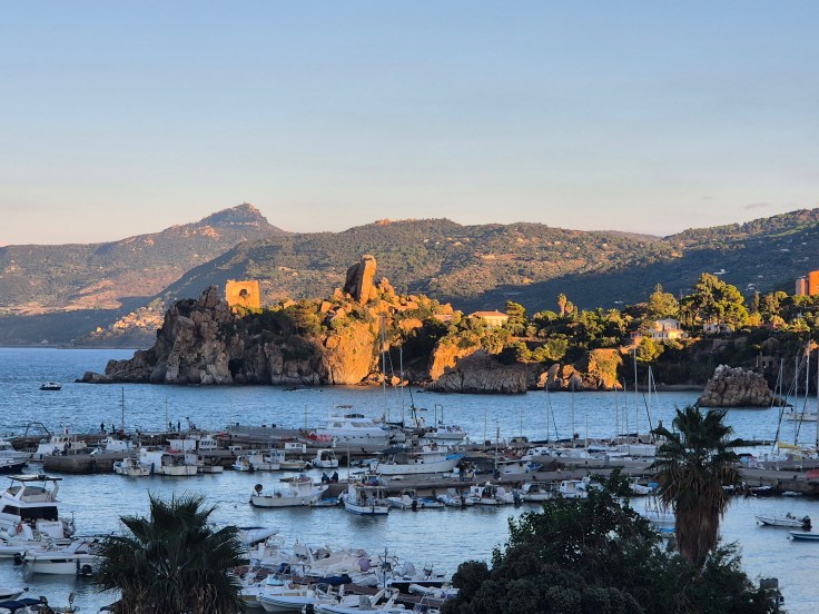 A scenic view of a harbor filled with boats, with a rocky island and green hills in the background under a clear sky.